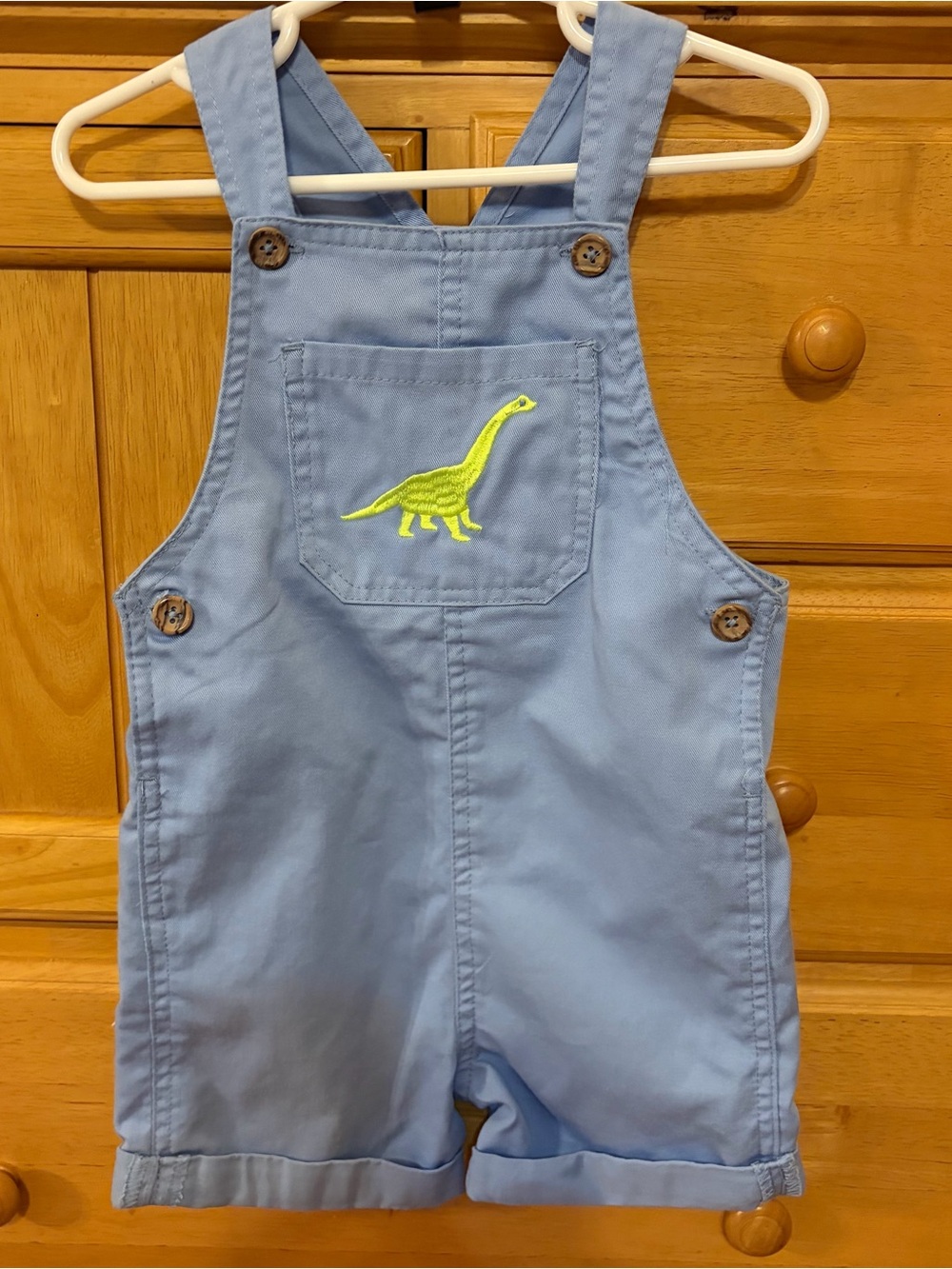 Kidgets Boy's Light Blue Short Overalls w/Bright Dinosaur Embroidery Size 3T